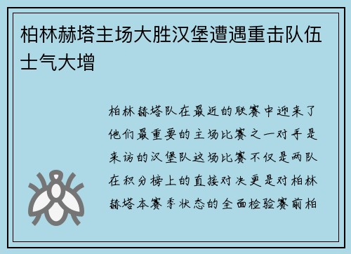 柏林赫塔主场大胜汉堡遭遇重击队伍士气大增